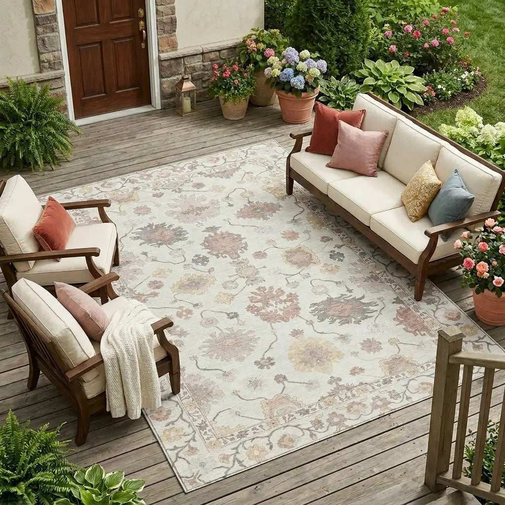 8' X 10' Ivory And Sky Blue Oriental Washable Indoor Outdoor Area Rug Homeroots Outdoor