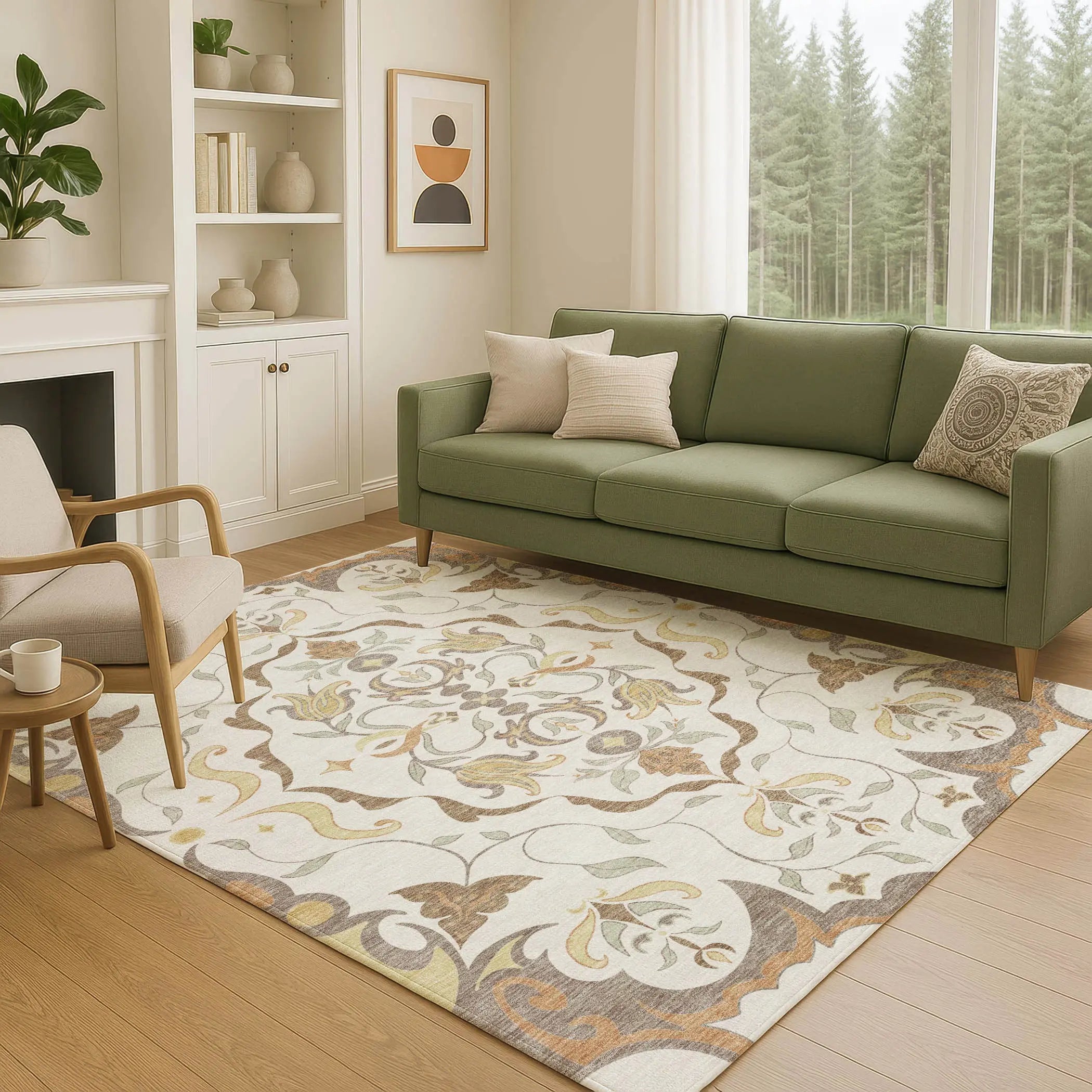 8' X 10' Ivory And Taupe Damask Washable Indoor Outdoor Area Rug Homeroots Outdoor