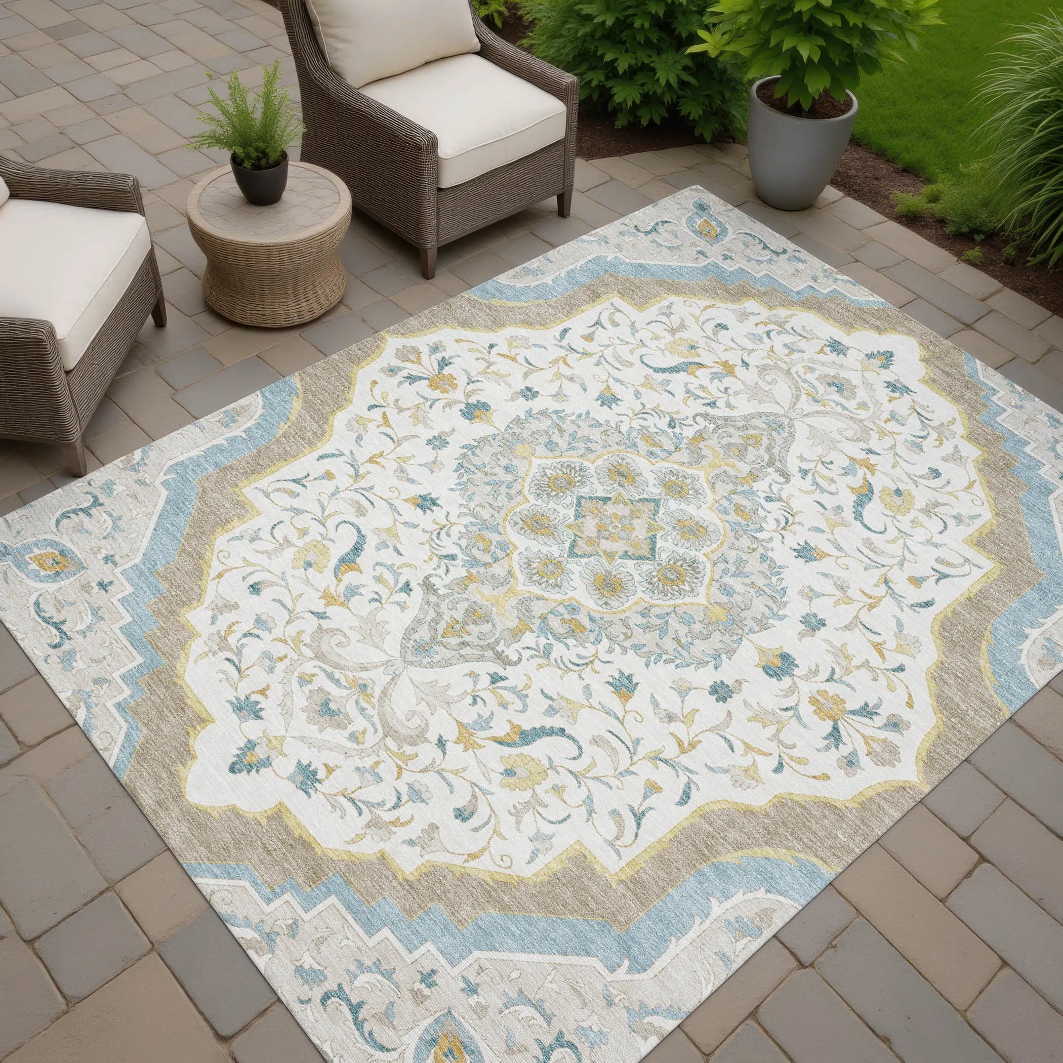 8' X 10' Ivory And Taupe Medallion Washable Indoor Outdoor Area Rug Homeroots Outdoor