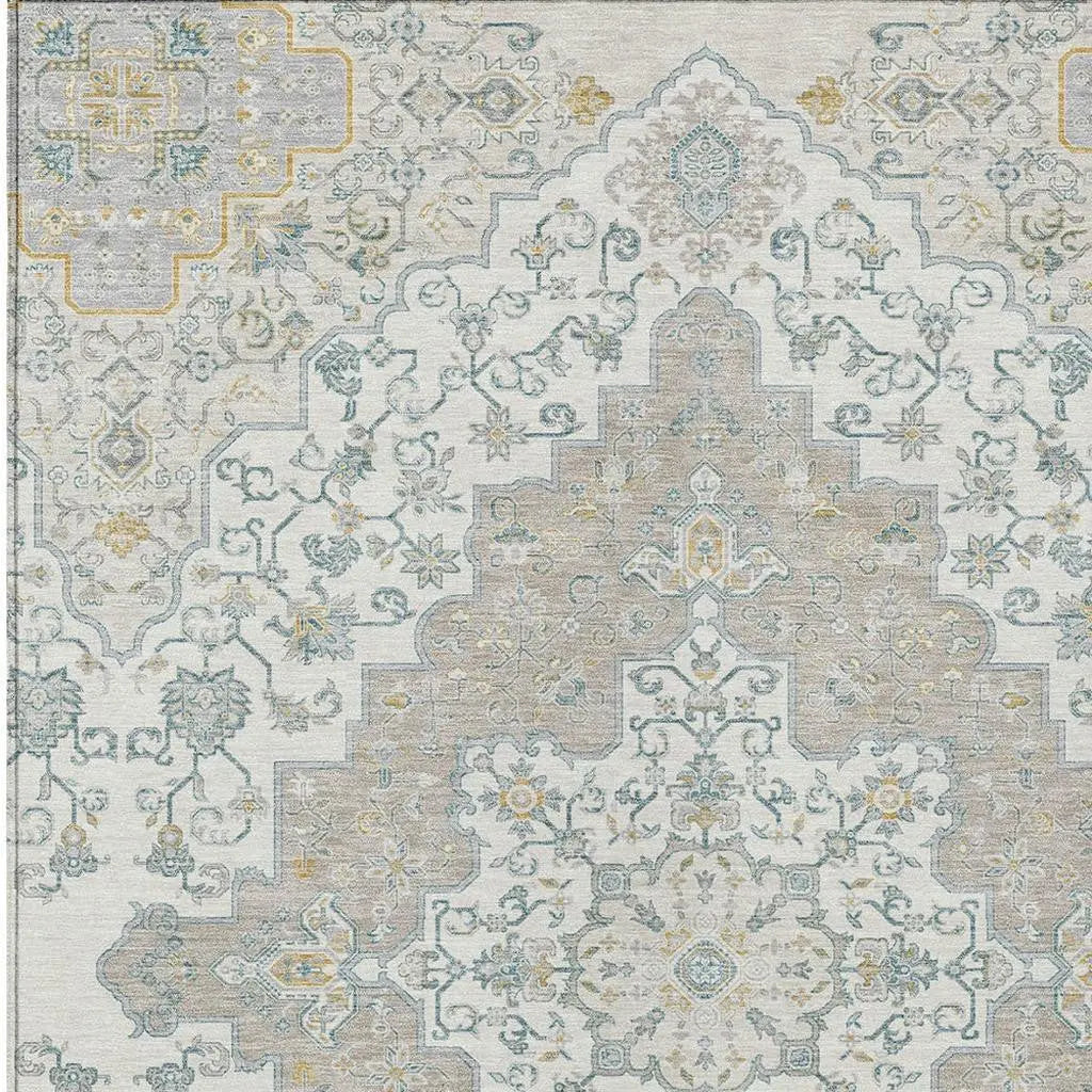 8' X 10' Ivory And Taupe Medallion Washable Indoor Outdoor Area Rug Homeroots Outdoor