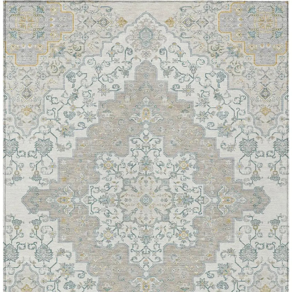8' X 10' Ivory And Taupe Medallion Washable Indoor Outdoor Area Rug Homeroots Outdoor