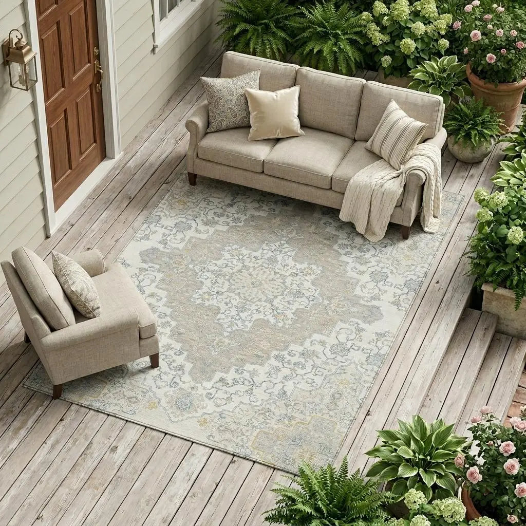 8' X 10' Ivory And Taupe Medallion Washable Indoor Outdoor Area Rug Homeroots Outdoor