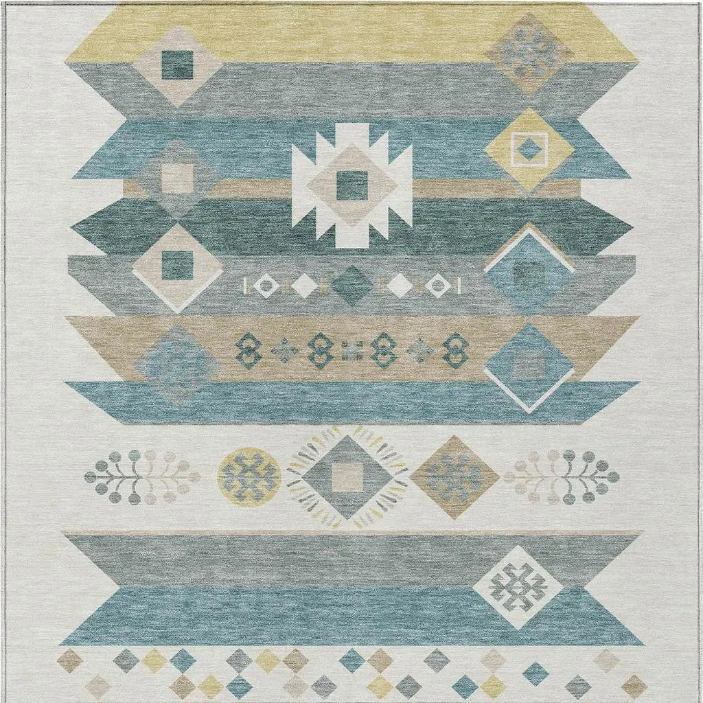 8' X 10' Ivory And Teal Blue Geometric Washable Indoor Outdoor Area Rug Homeroots Outdoor