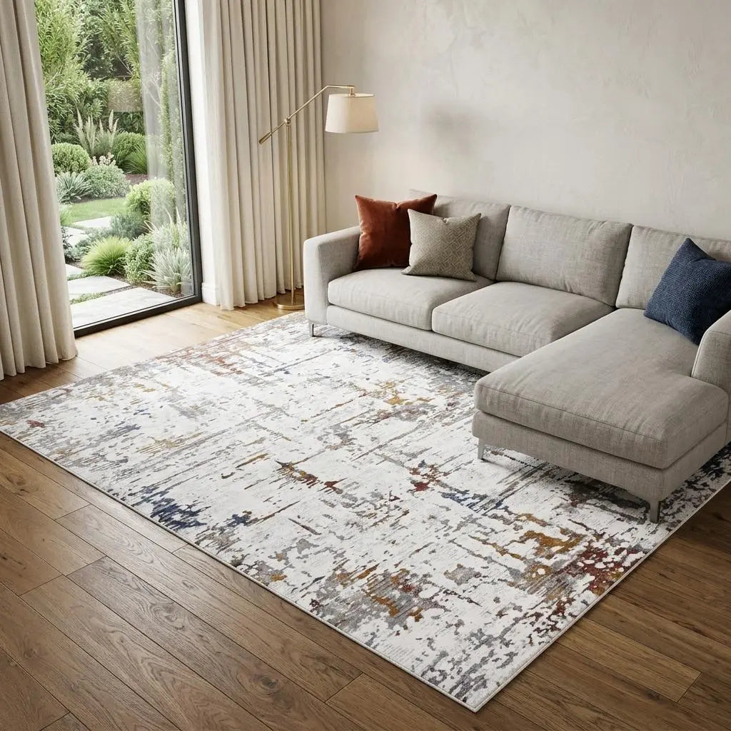 8' X 10' Ivory Blue Orange Red And Gray Abstract Area Rug Homeroots Home Decor