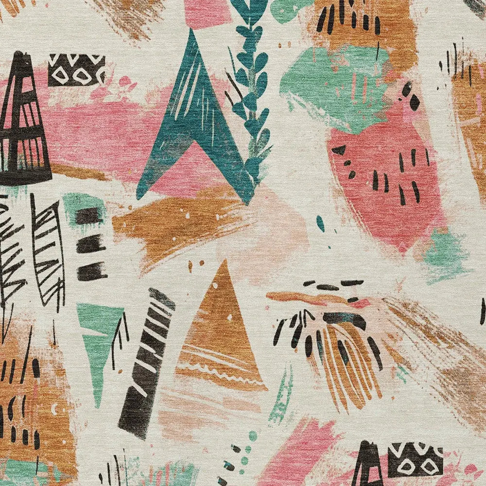 8' X 10' Ivory Blush And Teal Blue Abstract Washable Indoor Outdoor Area Rug Homeroots Outdoor