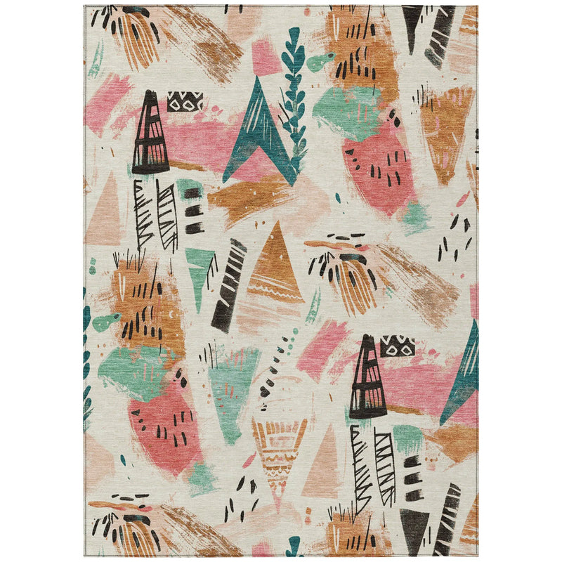 8' X 10' Ivory Blush And Teal Blue Abstract Washable Indoor Outdoor Area Rug Homeroots Outdoor