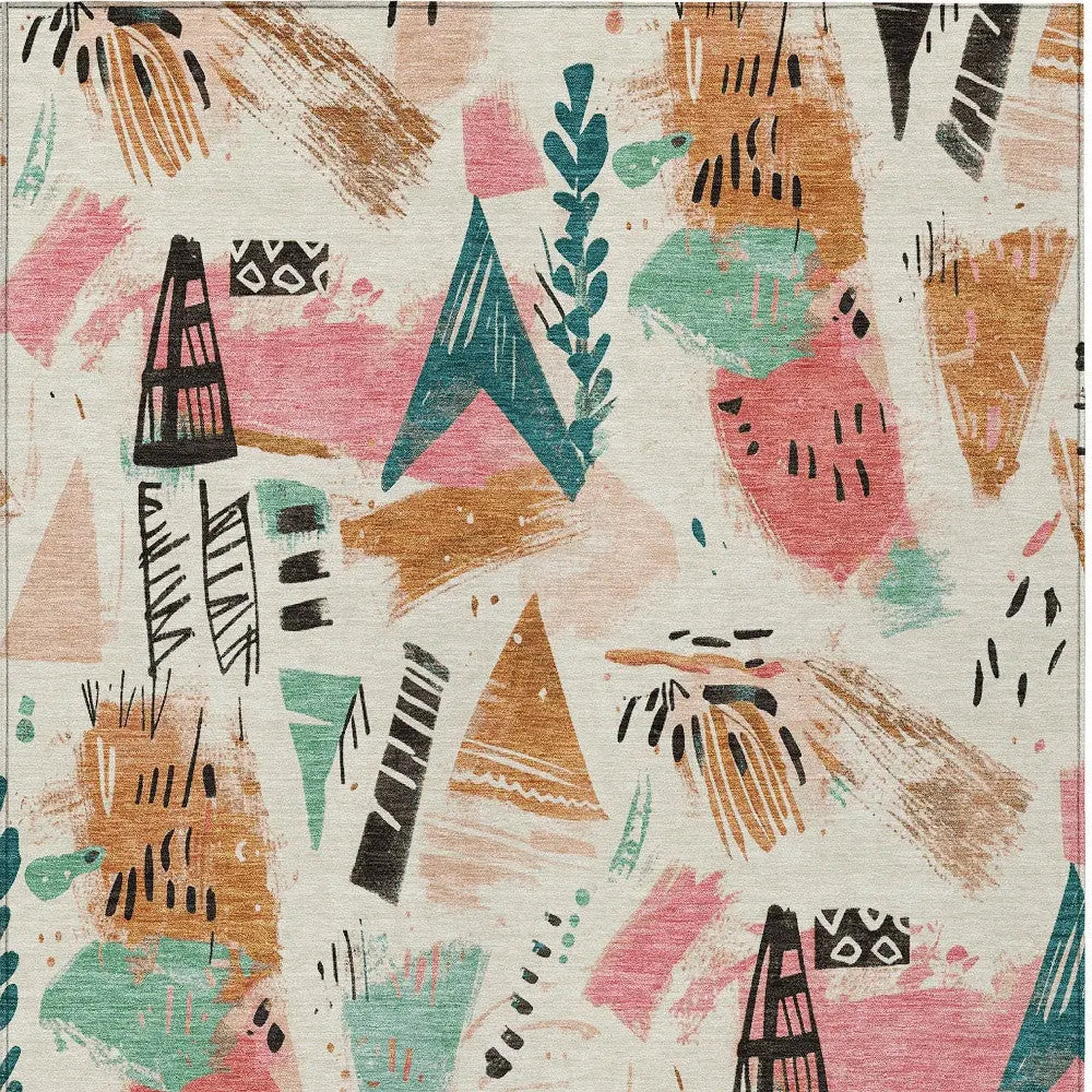 8' X 10' Ivory Blush And Teal Blue Abstract Washable Indoor Outdoor Area Rug Homeroots Outdoor