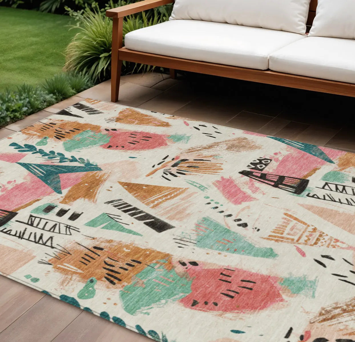 8' X 10' Ivory Blush And Teal Blue Abstract Washable Indoor Outdoor Area Rug Homeroots Outdoor