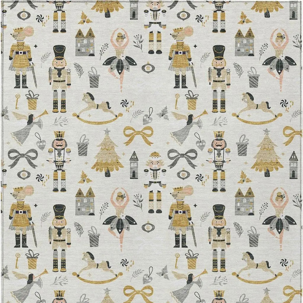 8' X 10' Ivory Gold Black And Gray Nutcracker Washable Indoor Outdoor Area Rug Homeroots Outdoor