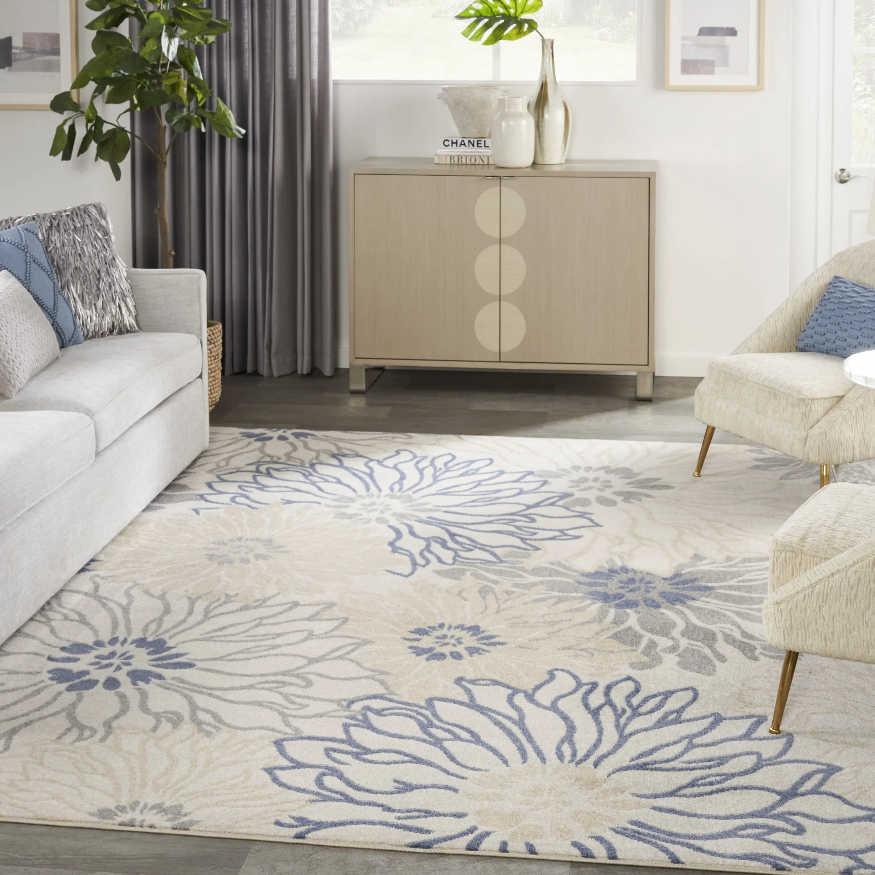 8' X 10' Ivory Gray And Blue Floral Area Rug Homeroots Home Decor