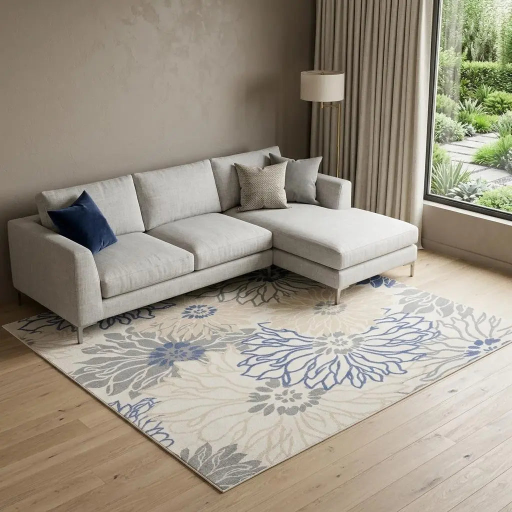 8' X 10' Ivory Gray And Blue Floral Area Rug Homeroots Home Decor