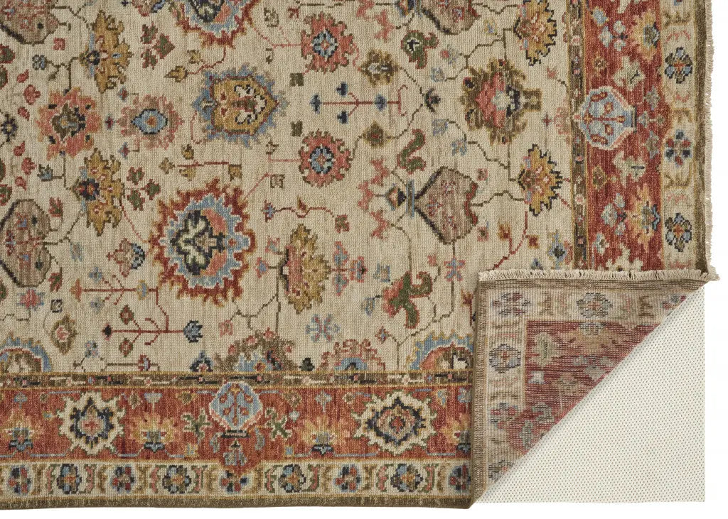 8' X 10' Ivory Red And Blue Wool Floral Hand Knotted Stain Resistant Area Rug Homeroots Home Decor