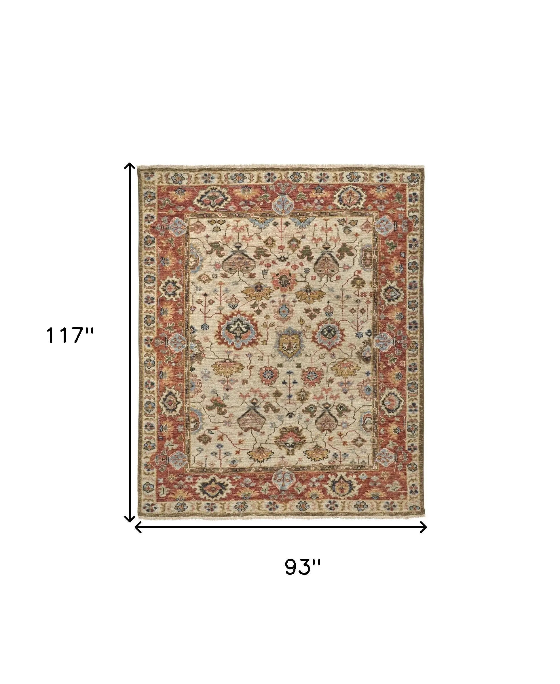 8' X 10' Ivory Red And Blue Wool Floral Hand Knotted Stain Resistant Area Rug Homeroots Home Decor