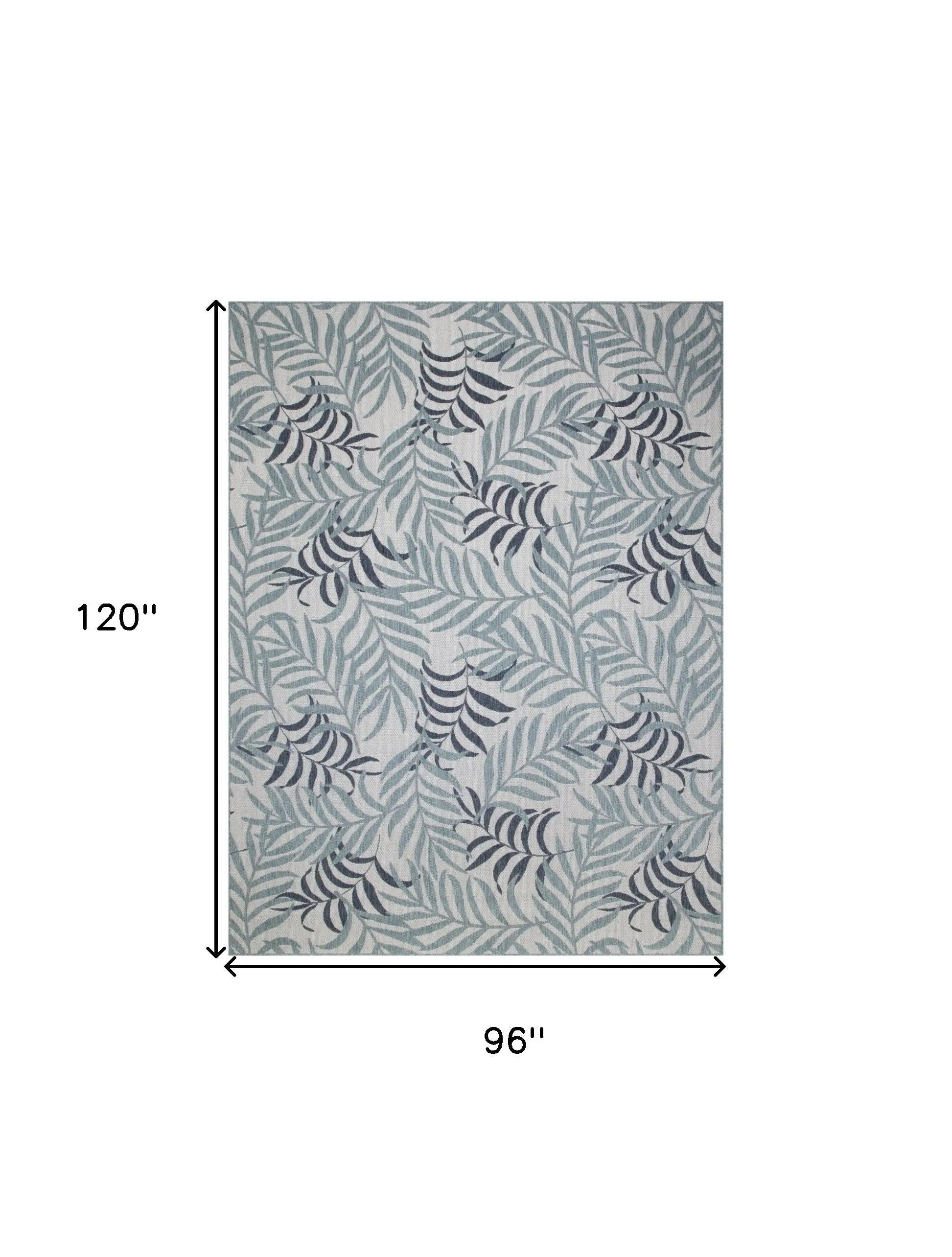 Blue and cream floral area rug, 96x120 inches, featuring a botanical leaf pattern in soft tones. Perfect for modern decor.
