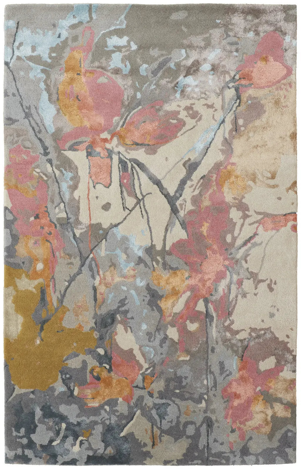 Multicolor abstract floral area rug, featuring soft beige, gray, and pink tones, crafted from high-quality synthetic fibers.
