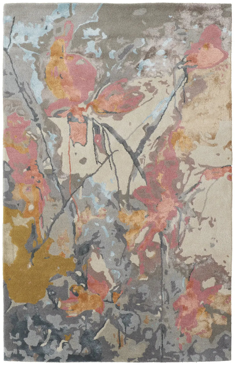 Multicolor abstract floral area rug, featuring soft beige, gray, and pink tones, crafted from high-quality synthetic fibers.