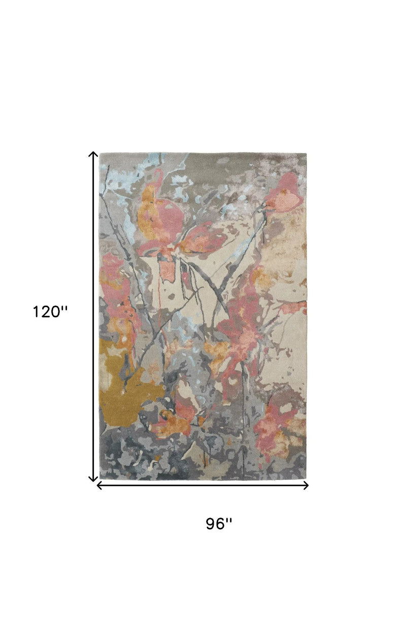 Abstract floral area rug in muted gray, orange, and yellow hues, measuring 96" x 120", perfect for modern decor.