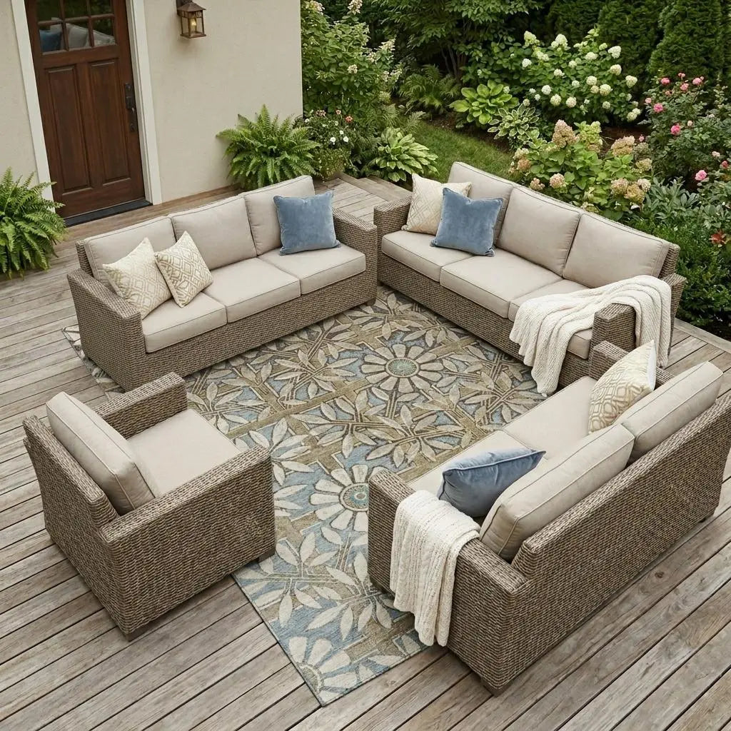 Beige outdoor sectional sofa set with blue accent pillows and a cozy throw on a floral-patterned rug, surrounded by greenery.