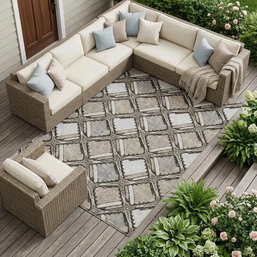 8' X 10' Khaki And Brown Geometric Washable Indoor Outdoor Area Rug Homeroots Outdoor