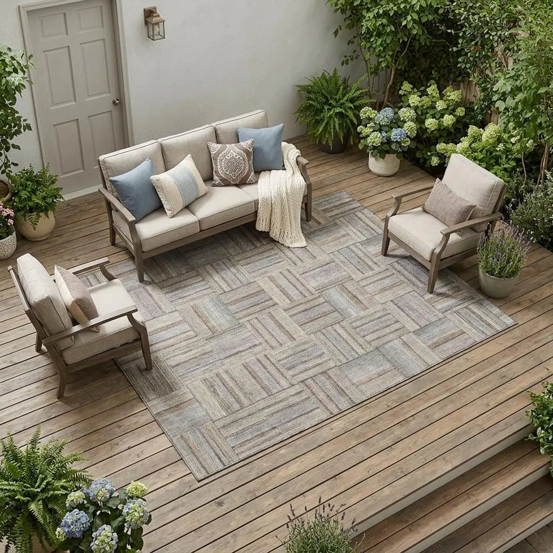 8' X 10' Khaki And Brown Geometric Washable Indoor Outdoor Area Rug Homeroots Outdoor
