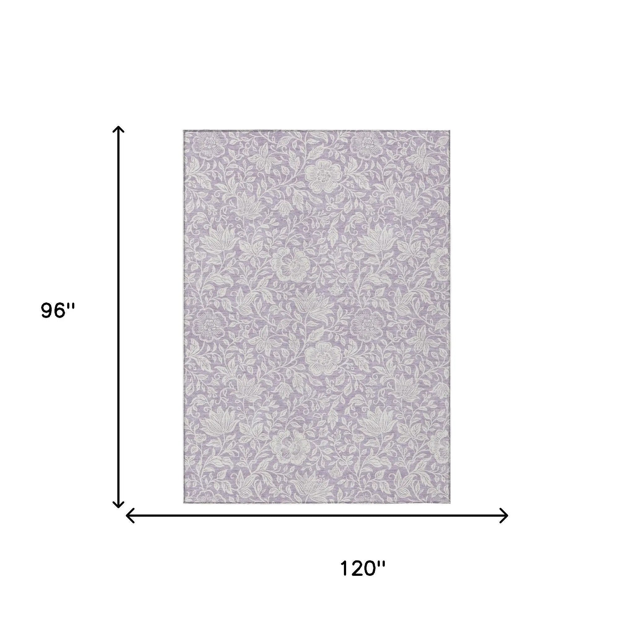 Lavender floral tablecloth, 120" x 96", made of durable polyester for elegant dining decor.