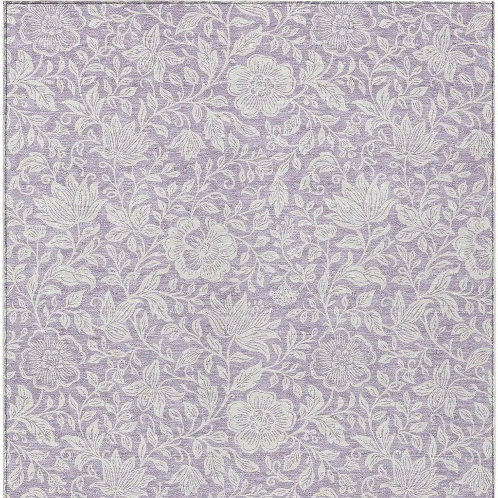 Lavender floral embossed wallpaper, featuring intricate white flower and leaf patterns on a textured background.