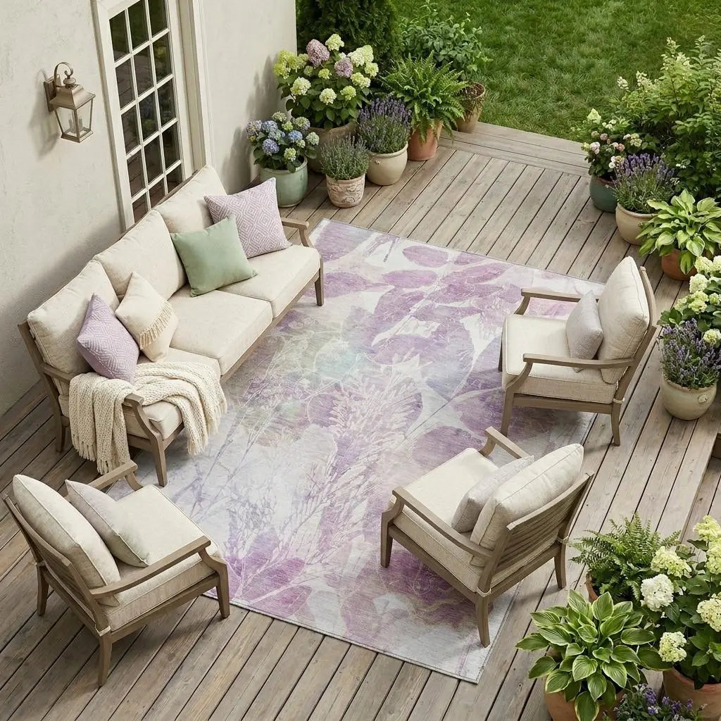 Light purple floral outdoor area rug with beige furniture and pastel cushions on a wooden patio surrounded by potted plants.
