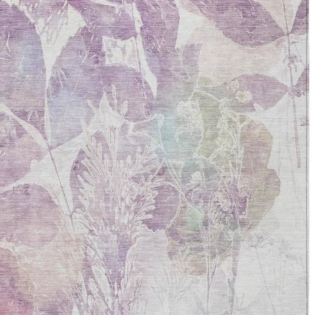 Pastel floral area rug with violet and mint hues, textured pattern, perfect for softening modern or vintage decor.