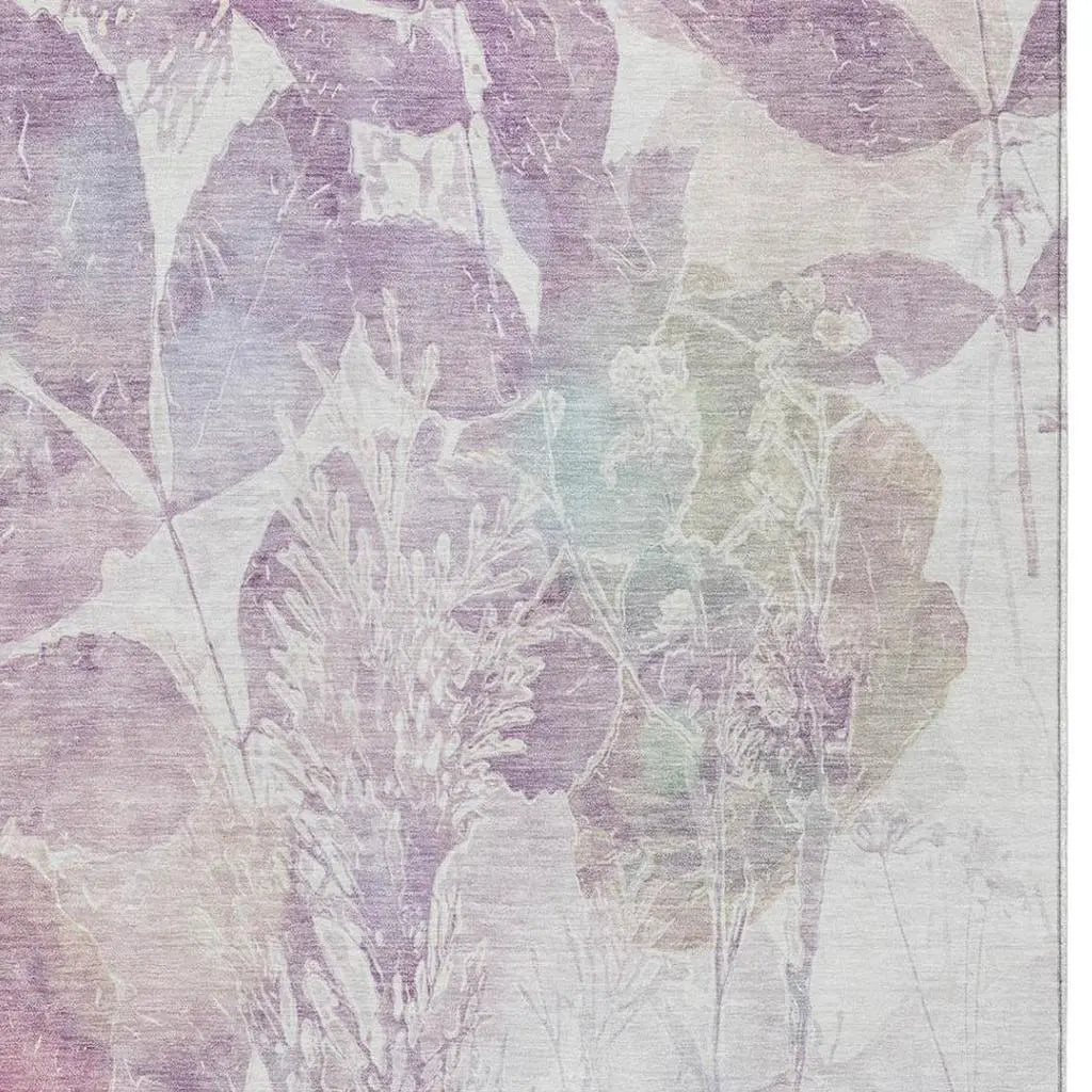 Soft pastel floral pattern in purple and green hues on a textured background, ideal for home decor and fabric design.