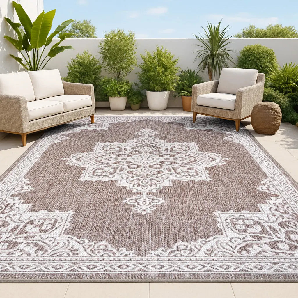 8' X 10' Light Brown And Cream Medallion Indoor Outdoor Area Rug Homeroots Outdoor