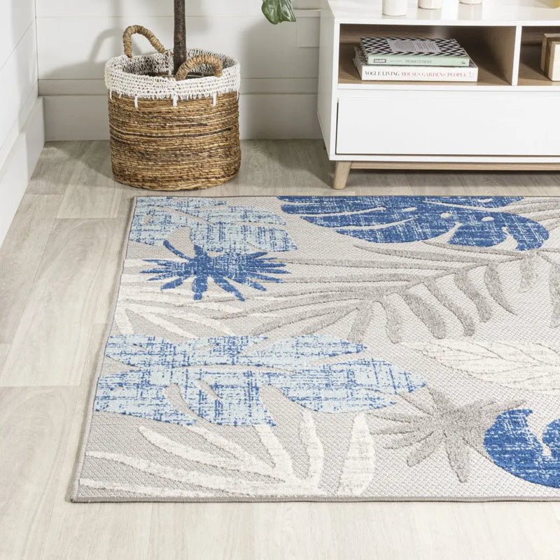 8' X 10' Light Gray And Navy Blue Floral Indoor Outdoor Area Rug Homeroots Outdoor