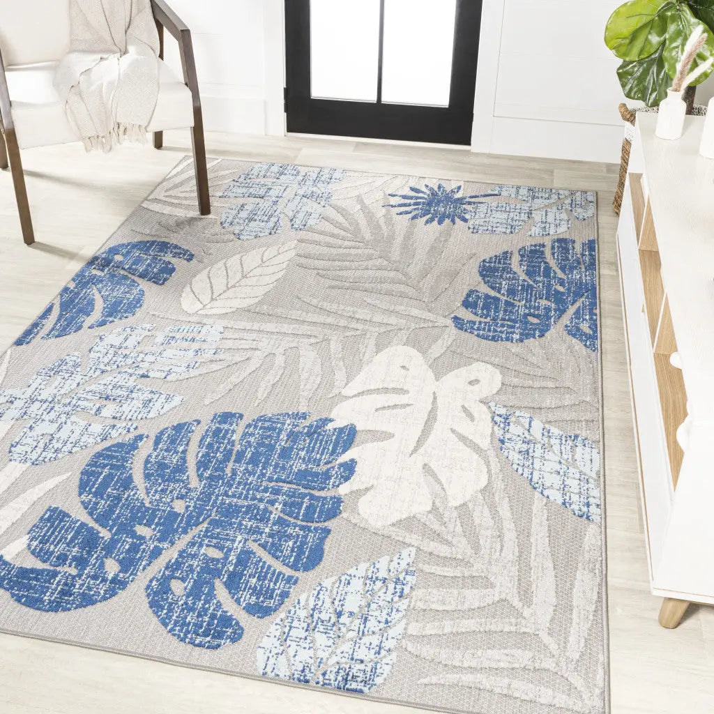 8' X 10' Light Gray And Navy Blue Floral Indoor Outdoor Area Rug Homeroots Outdoor