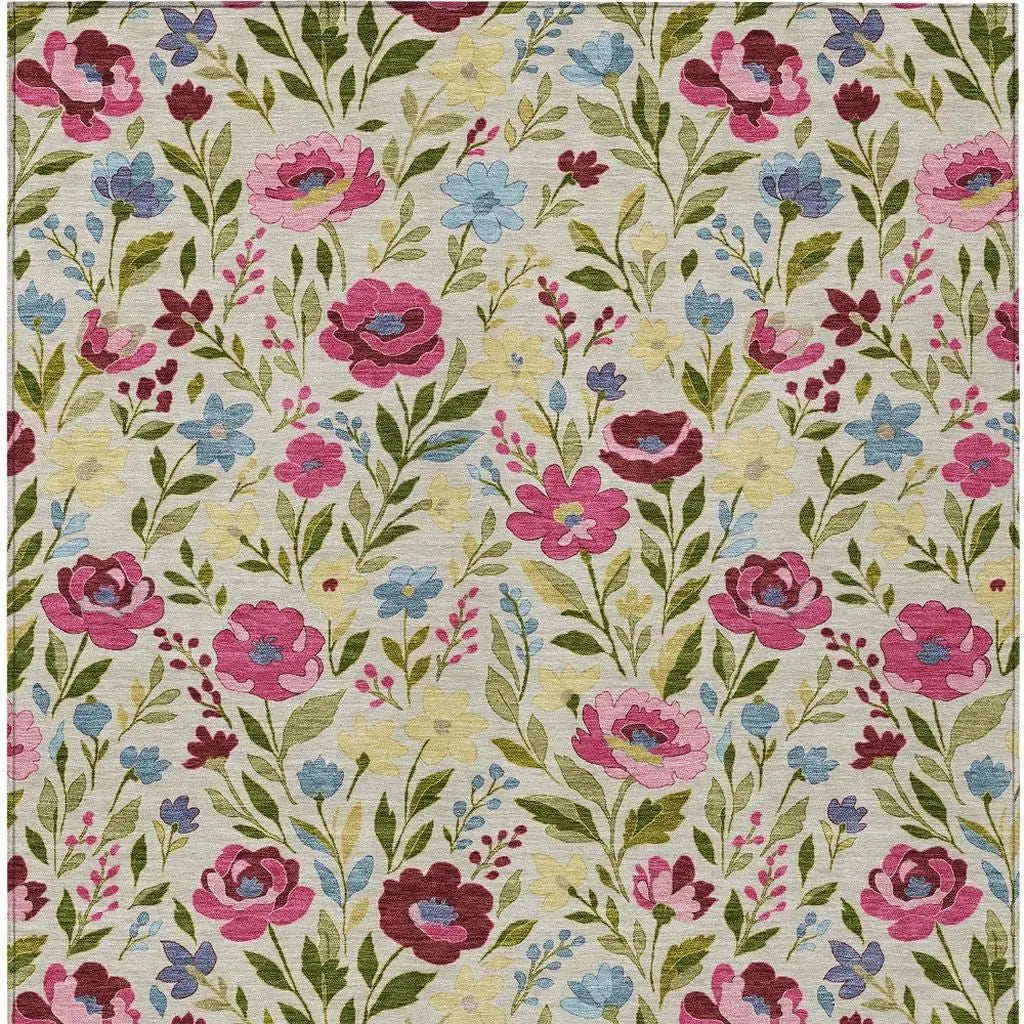 8' X 10' Linen And Blush Floral Washable Indoor Outdoor Area Rug Homeroots Outdoor
