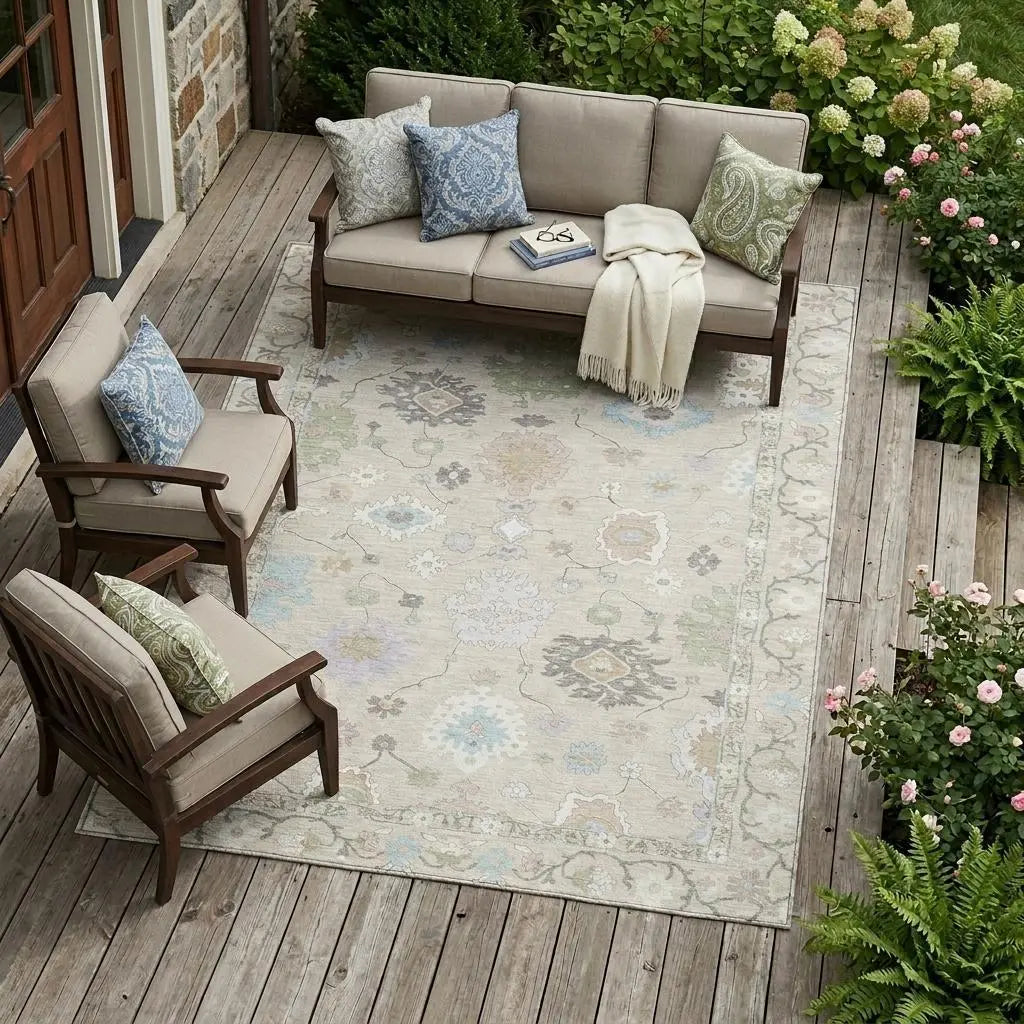 8' X 10' Linen And Fern Green Oriental Washable Indoor Outdoor Area Rug Homeroots Outdoor