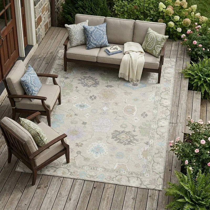 8' X 10' Linen And Fern Green Oriental Washable Indoor Outdoor Area Rug Homeroots Outdoor