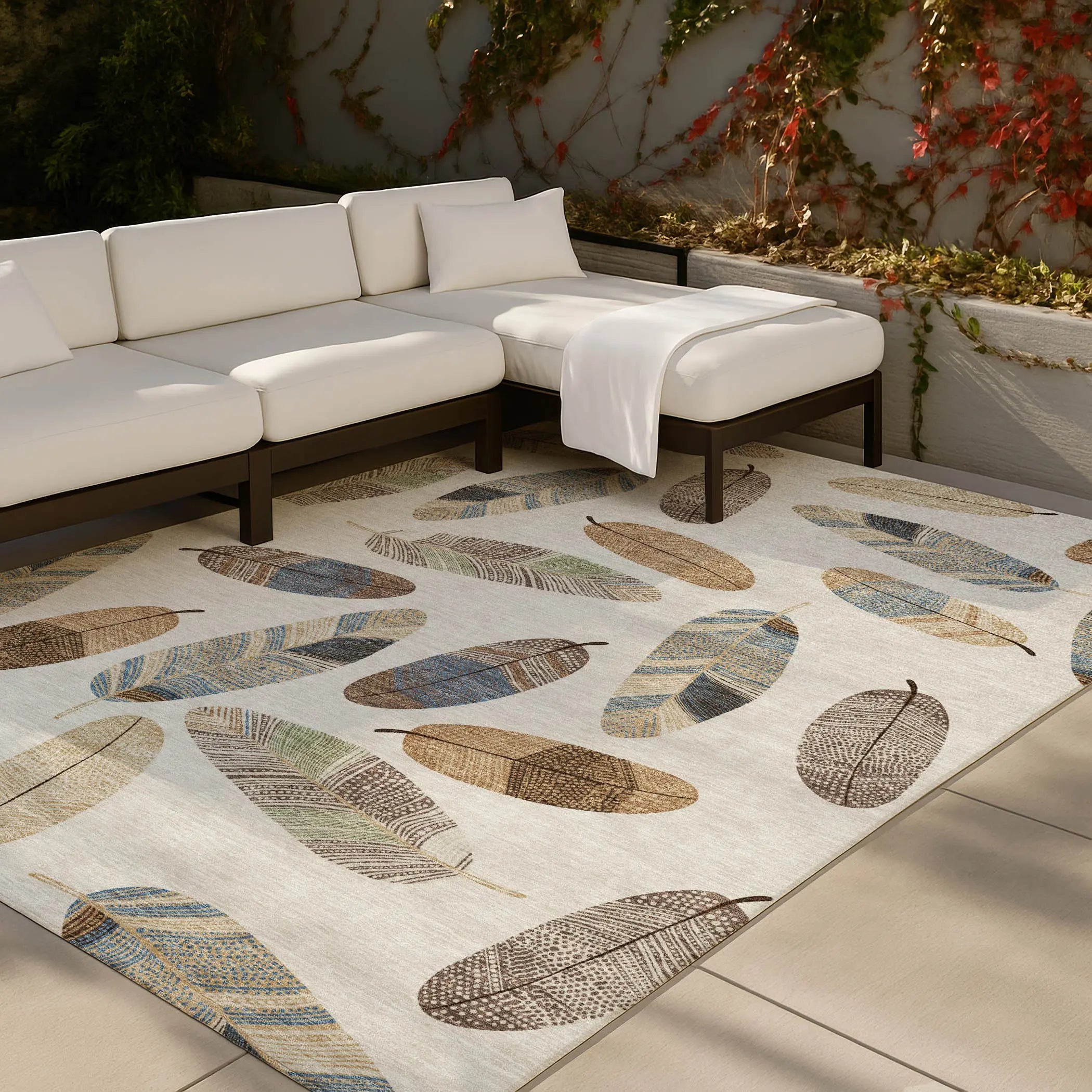 8' X 10' Linen And Ivory Botanical Leaves Washable Indoor Outdoor Area Rug Homeroots Outdoor