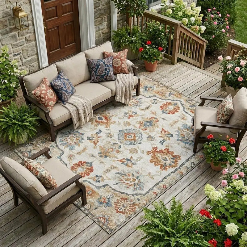 8' X 10' Linen And Ivory Floral Medallion Washable Indoor Outdoor Area Rug Homeroots Outdoor