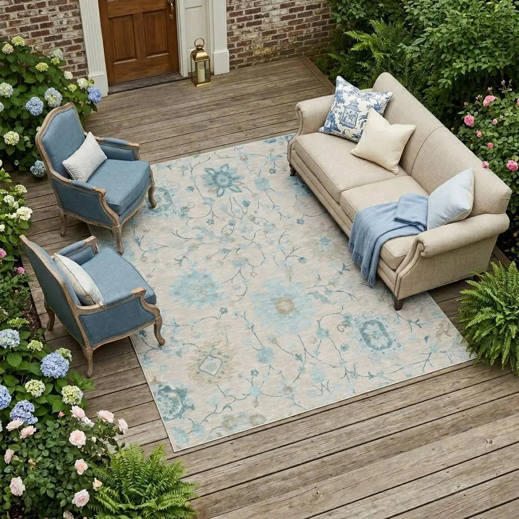 8' X 10' Linen And Ivory Floral Washable Indoor Outdoor Area Rug Homeroots Outdoor