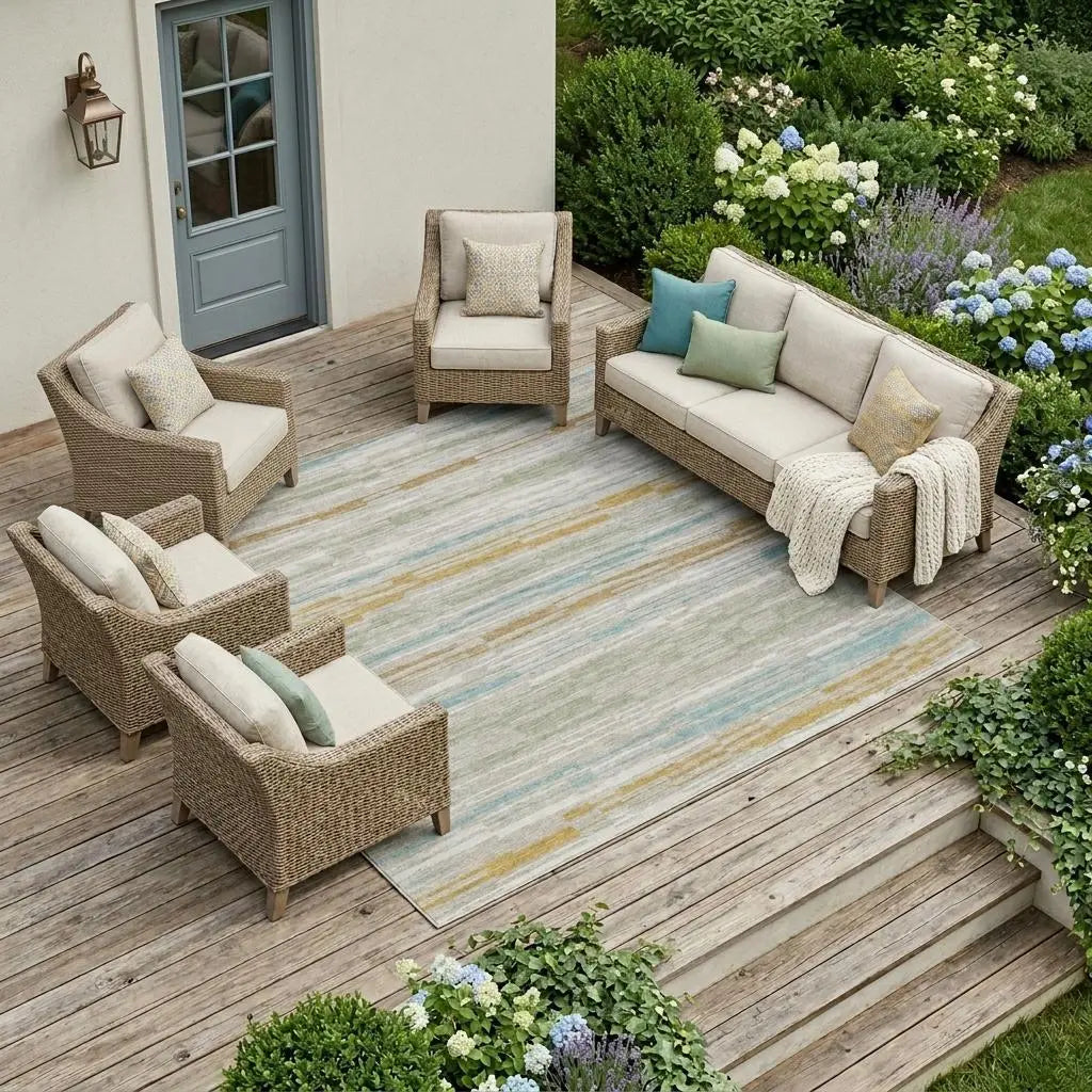 8' X 10' Linen And Ivory Striped Washable Indoor Outdoor Area Rug Homeroots Outdoor