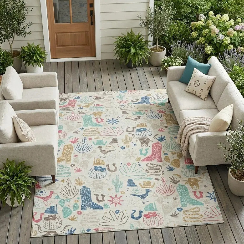 8' X 10' Linen And Pink Cactus Washable Indoor Outdoor Area Rug Homeroots Outdoor