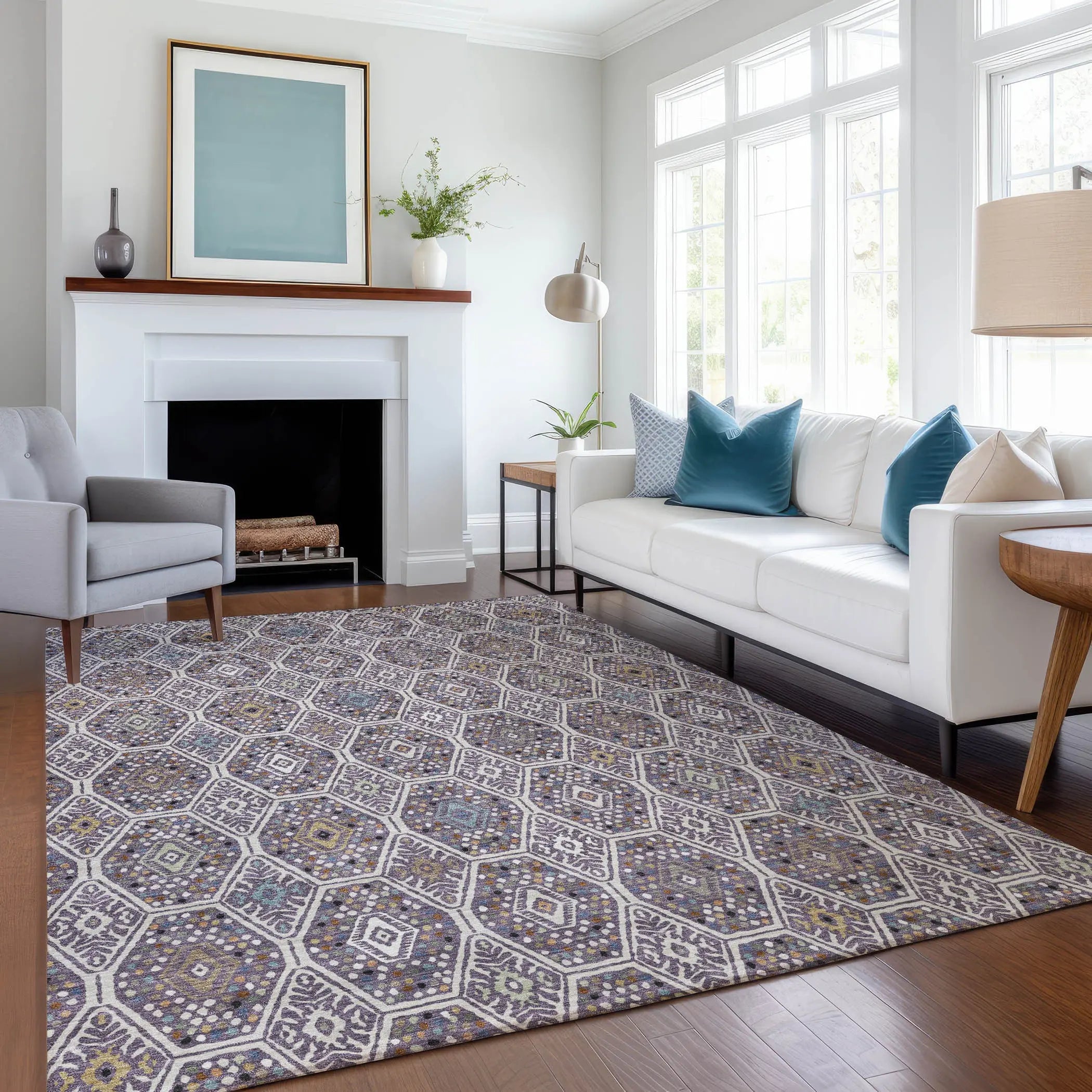 8' X 10' Linen And Plum Geometric Washable Indoor Outdoor Area Rug Homeroots Outdoor