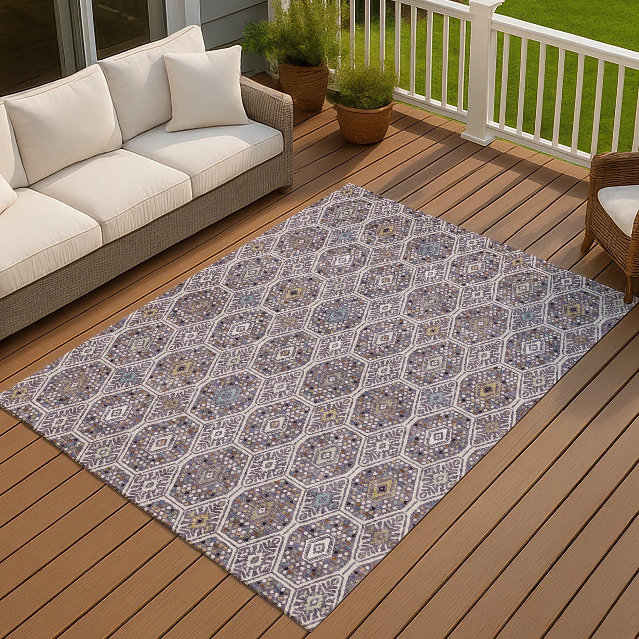 8' X 10' Linen And Plum Geometric Washable Indoor Outdoor Area Rug Homeroots Outdoor