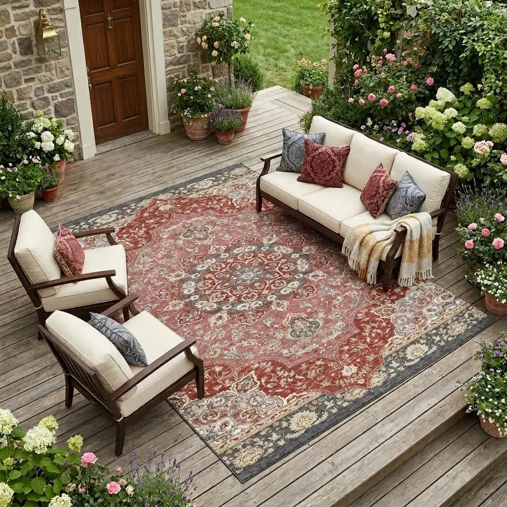 8' X 10' Merlot And Red Oriental Washable Indoor Outdoor Area Rug Homeroots Outdoor