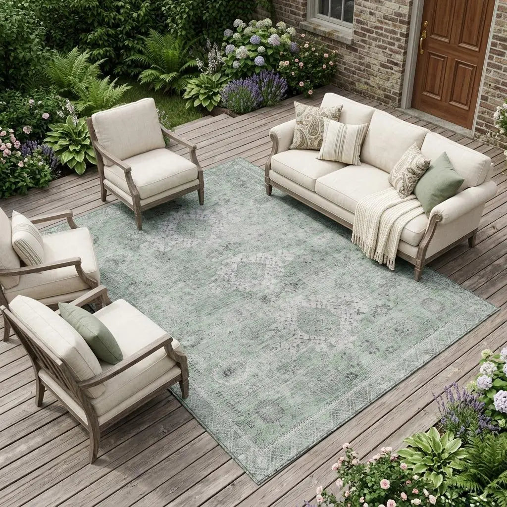 8' X 10' Mint Green And Green Oriental Washable Indoor Outdoor Area Rug Homeroots Outdoor