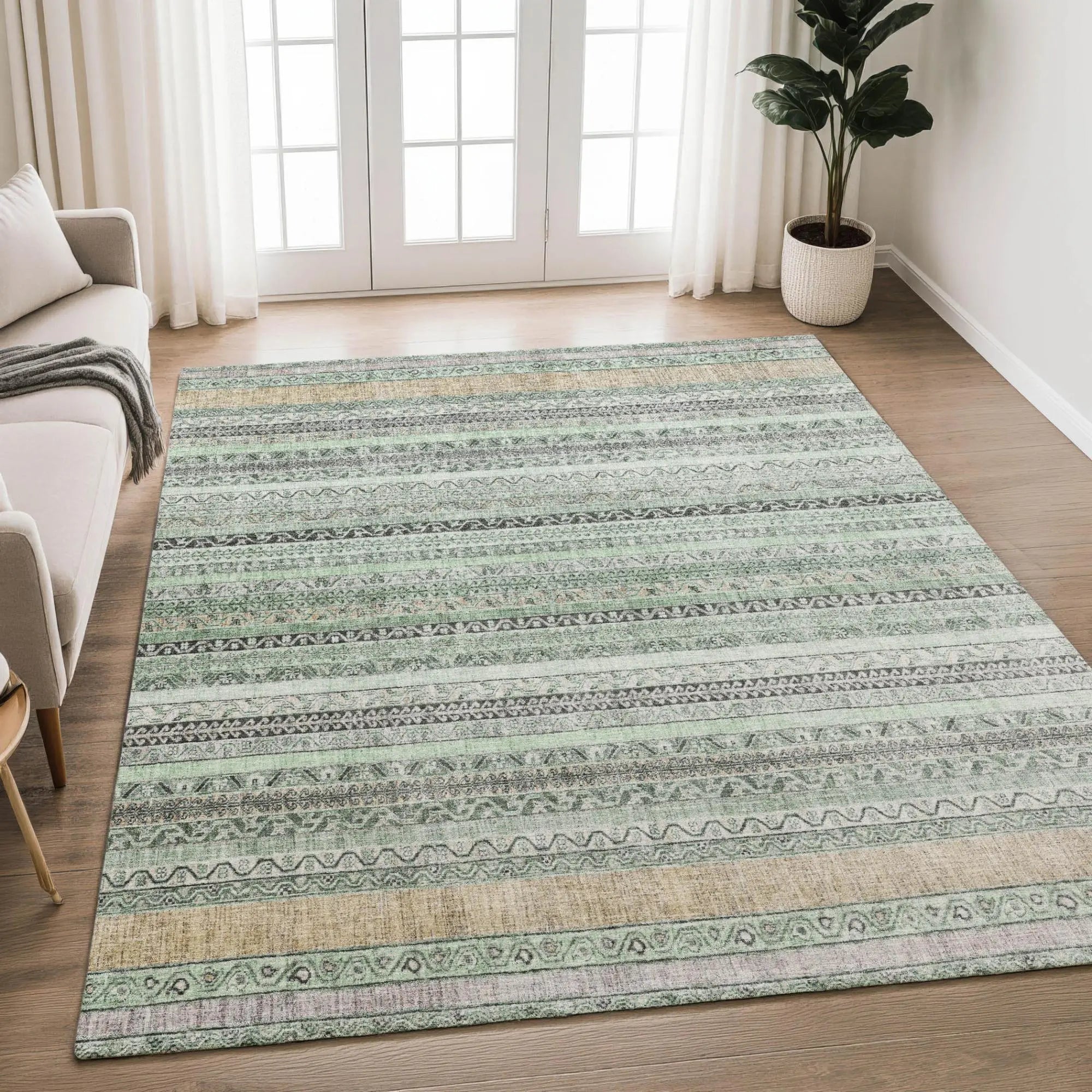 8' X 10' Mint Green And Green Striped Washable Indoor Outdoor Area Rug Homeroots Outdoor
