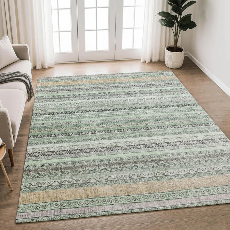 8' X 10' Mint Green And Green Striped Washable Indoor Outdoor Area Rug Homeroots Outdoor