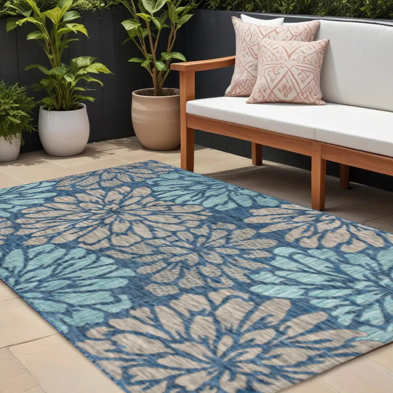 8' X 10' Navy Blue And Aqua Floral Indoor Outdoor Area Rug Homeroots Outdoor