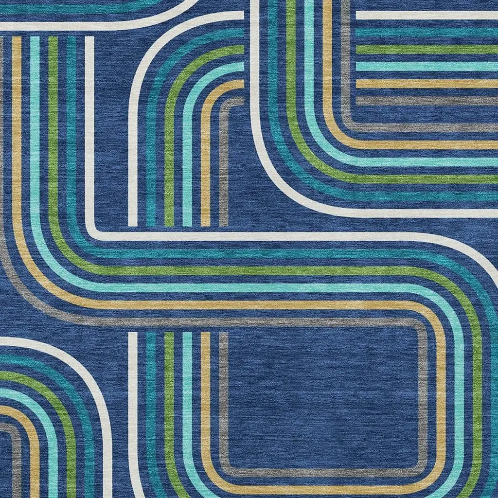 8' X 10' Navy Blue And Aqua Geometric Washable Indoor Outdoor Area Rug Homeroots Outdoor