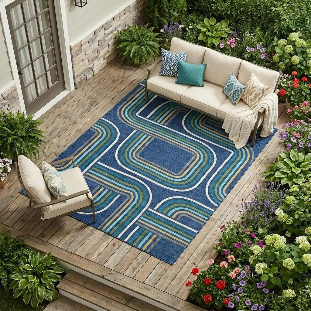 8' X 10' Navy Blue And Aqua Geometric Washable Indoor Outdoor Area Rug Homeroots Outdoor
