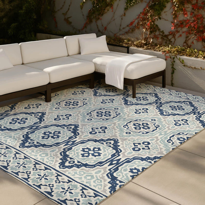8' X 10' Navy Blue And Aqua Tribal Washable Indoor Outdoor Area Rug Homeroots Outdoor
